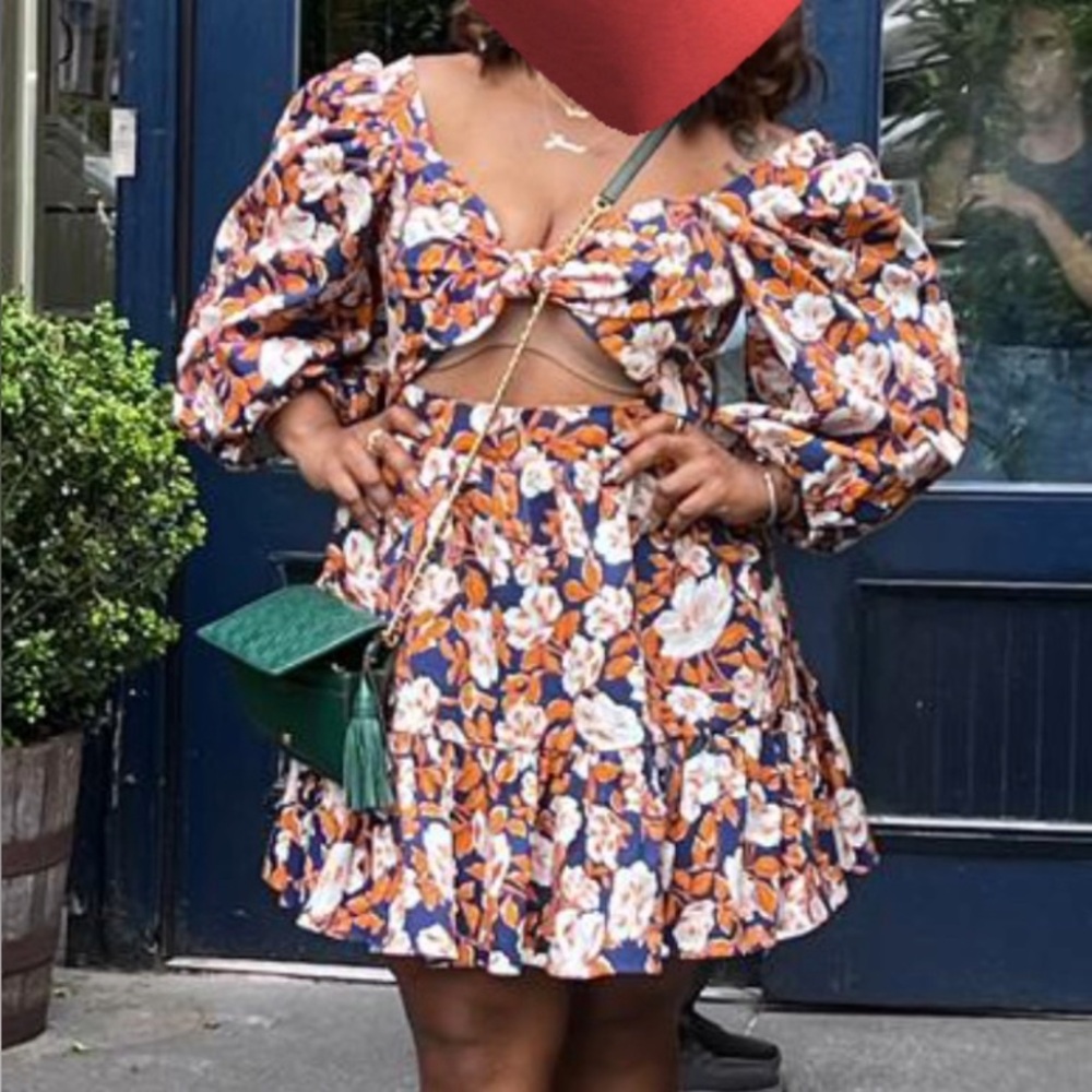 Brown and Orange Puff Sleeve Mini Dress